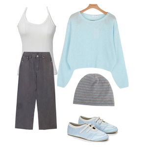 슬리브리스,니트,팬츠 코디