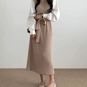 골지 배색 폴라 롱원피스