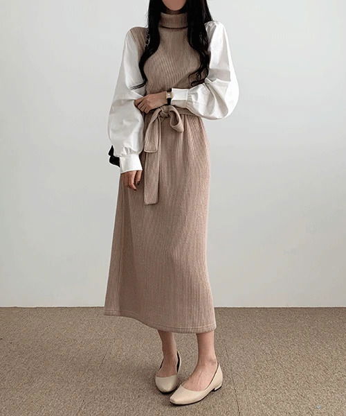 羅紋拼色高領長版連身洋裝