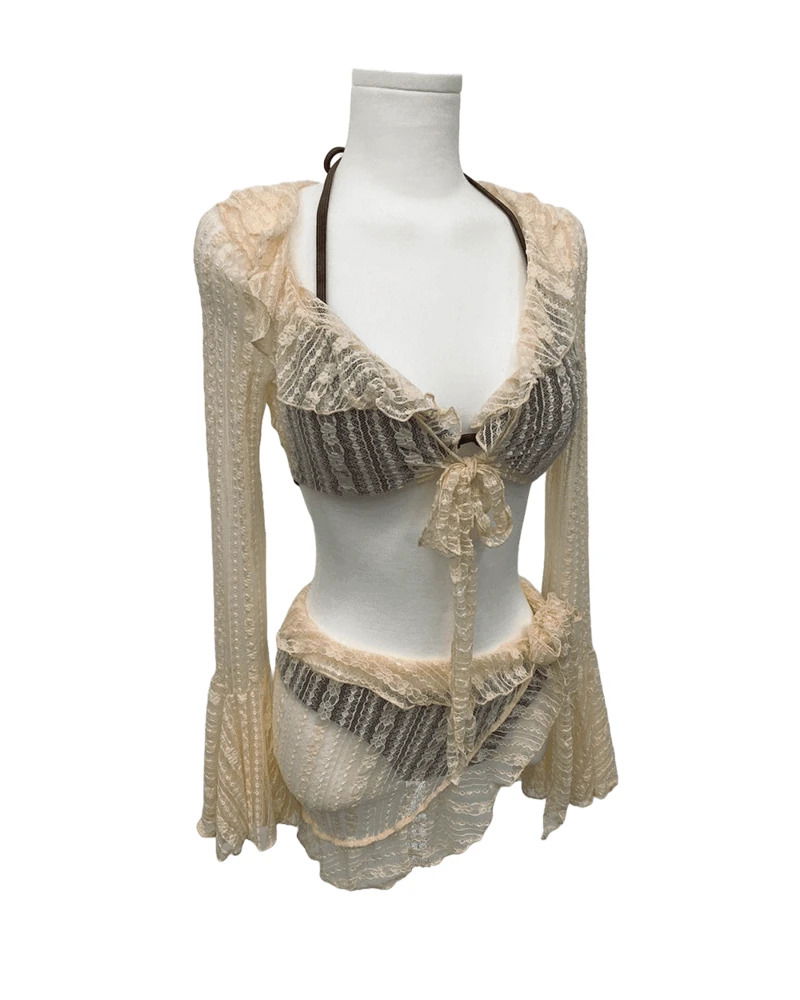 Servant cover see-through skirt cardigan bikini swimsuit set