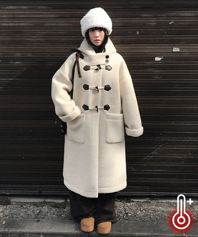 絨毛連帽加長款毛呢大衣