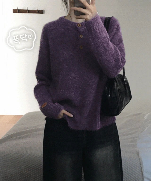 葡萄紫排扣圓領厚實長袖針織上衣