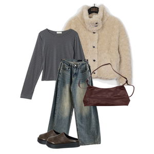 퍼자켓,청바지,겨울,스트라이프 코디