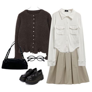 裙子,針織外套,樂福鞋 코디