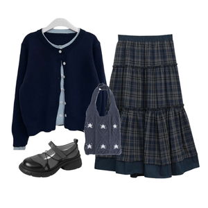 針織外套,裙子,球鞋/布鞋 코디