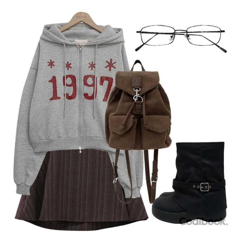 DAILYJOU 슈가붐 레트로 메탈 안경,noirmute 아뎀브 버클 통굽 워머 미들 부츠 BUCKLE PLATFORM WARM MID-CALF BOOTS,thepink 다모 루즈핏 투웨이 기모 크롭 후드 집업 (4color)등을 매치한 코디