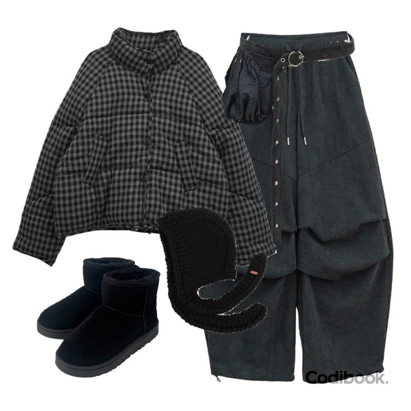 anyonemore 벤자 어그 양털 숏 부츠 (5color),binary01 키론드 체크 패딩점퍼,binary01 체핀 크로스&벨트백등을 매치한 코디