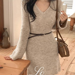 단독)헤더븐 브이넥 니트 미니 원피스