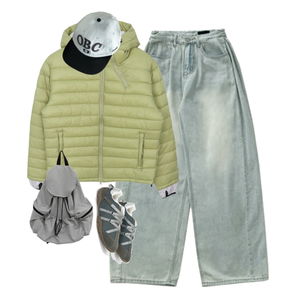 데님,패딩자켓,모자 코디