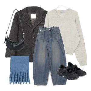 コート,ニット,デニムパンツ 코디