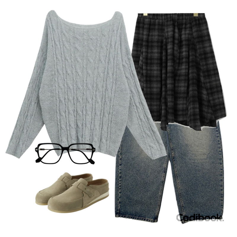binary01 제니아 피치 체크 미디스커트,AAKE NERDY SQUARE GLASSES (4color),binary01 스윈 알파카 케이블 니트등을 매치한 코디