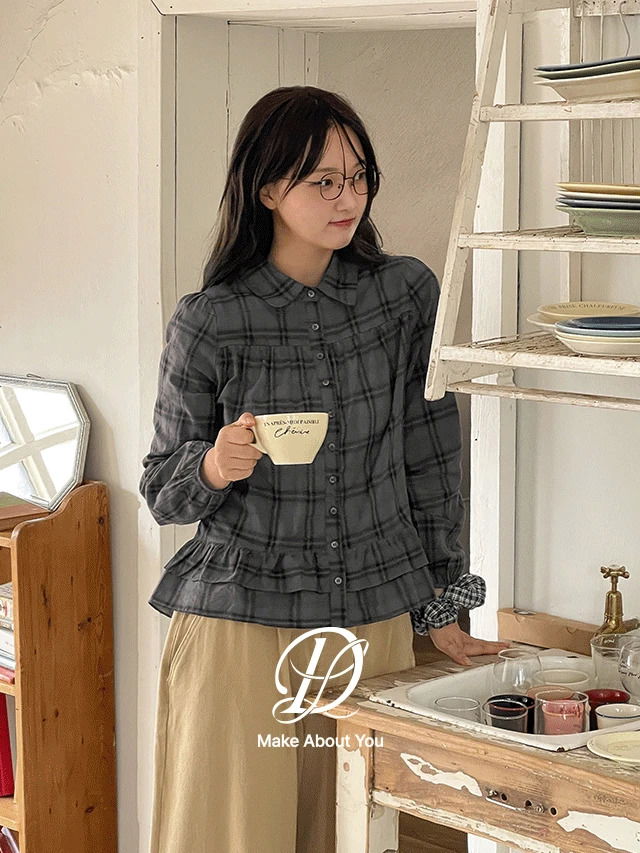 빅사이즈 44-110 빈쵸 셔링 캉캉 프릴 퍼프 라운드 카라 체크 코튼 긴팔 셔츠 블라우스