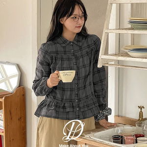 빅사이즈 44-110 빈쵸 셔링 캉캉 프릴 퍼프 라운드 카라 체크 코튼 긴팔 셔츠 블라우스