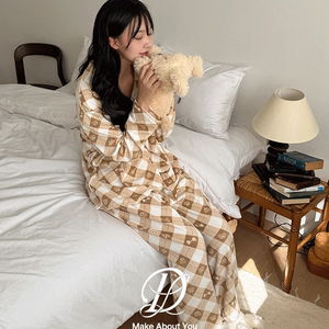 빅사이즈 44-110 몽실곰 리본 테디 체크 오픈카라 긴팔 밴딩 팬츠 기모 수면 잠옷 파자마 세트