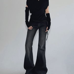 블랙 데일리 슬림 로우라이즈 데님 부츠컷 팬츠