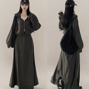 치마셋업 , 투웨이 후드집업 + 플레어 롱스커트 투피스 세트 3color