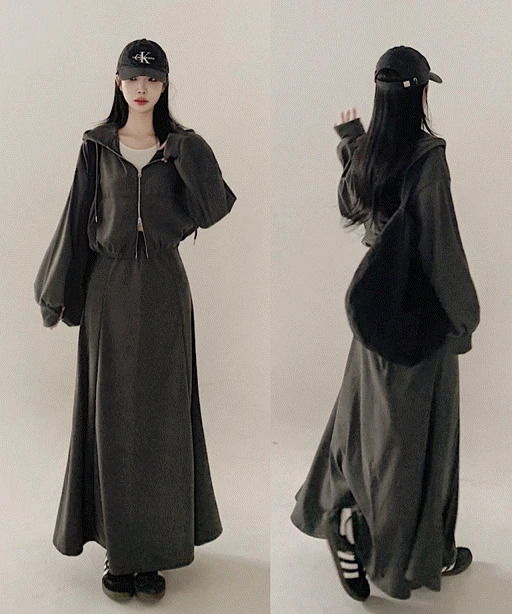 Skirt set-up, two-way hooded zip-up + flared long skirt two-piece set (3 colors)