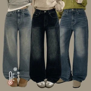 뮤아트 하이웨스트 워싱 세미와이드 일자 데님 기모 팬츠 (4color)