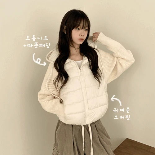 Camille String Hood Knitwear Zip-up Short Padding Jacket, More Attractive the More You Wear It