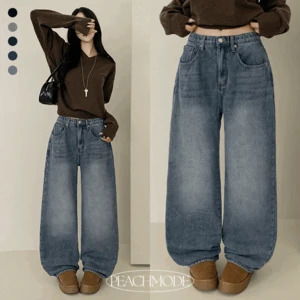 로이타 하이웨스트 워싱 세미와이드 기모 데님 팬츠 (겨울바지/일자데님)