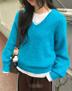 Ribbed Bocashi V-Neck Loose-fit Long Sleeve Knitwear 