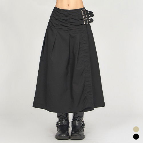 多重腰帶打褶長裙SK020