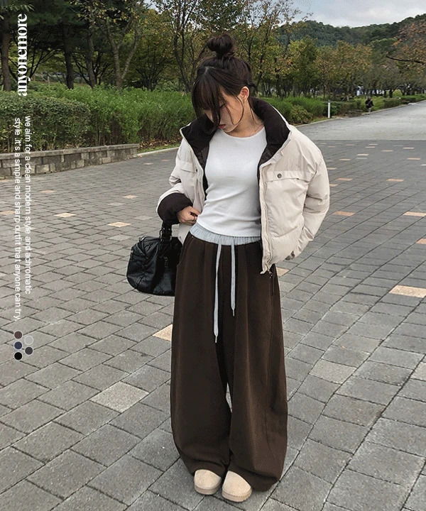 拼色絨毛寬版休閒長褲