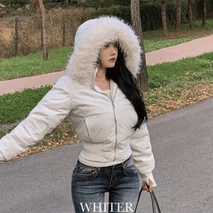 화이터 하이넥 보카시 퍼 워머 슬림 숏 덕다운 패딩