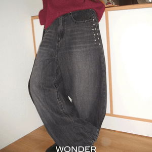 엔티 스터드 포켓 벌룬핏 워싱 데님 롱 팬츠