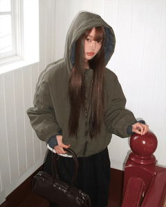 格紋連帽保暖鋪棉寬鬆外套