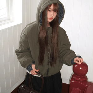 누아 체크 후드 오버핏 누빔 패딩