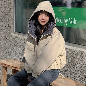 쉘리 체크 후드 퍼 스트링 패딩 점퍼