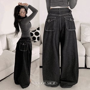 로엘 스티치 사이드 버클 플립포켓 와이드 코튼 흑청 데님 팬츠