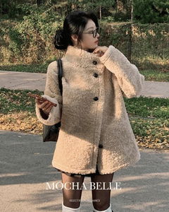 Mochabell high-neck button-pocket Shearling-lined fluffy poodle fur F/W half coat