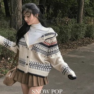 스노우팝 노르딕 아방 루즈핏 울 후드 니트 가디건
