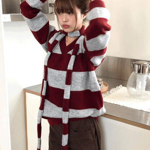 프후 스트라이프 배색 브이넥 루즈핏 긴팔 롱 니트