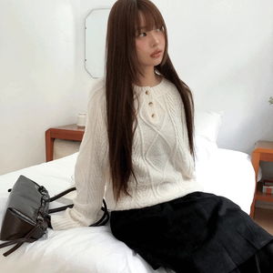 드하 꽈배기 헨리넥 버튼 긴팔 니트