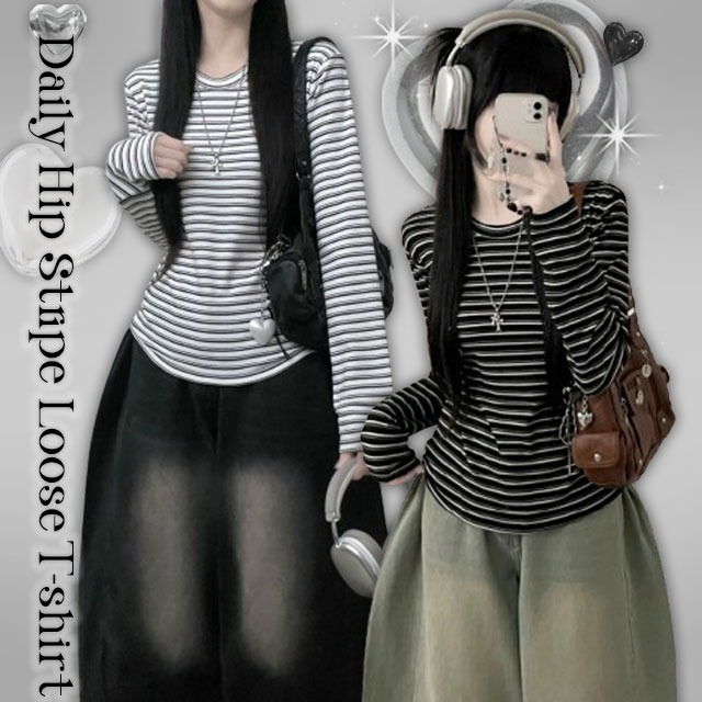 起毛タンカラストライプラウンドゆったりフィット長袖Tシャツ