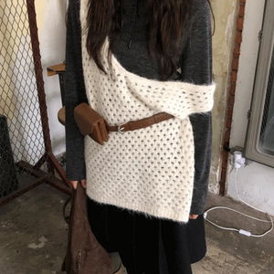 와플 딥 브이넥 겨울 뷔스티에 그물 니트 롱베스트 조끼 4color