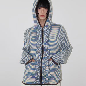 (*/기모소재) FRILL STRIPE HOOD ZIP-UP (blue / black)