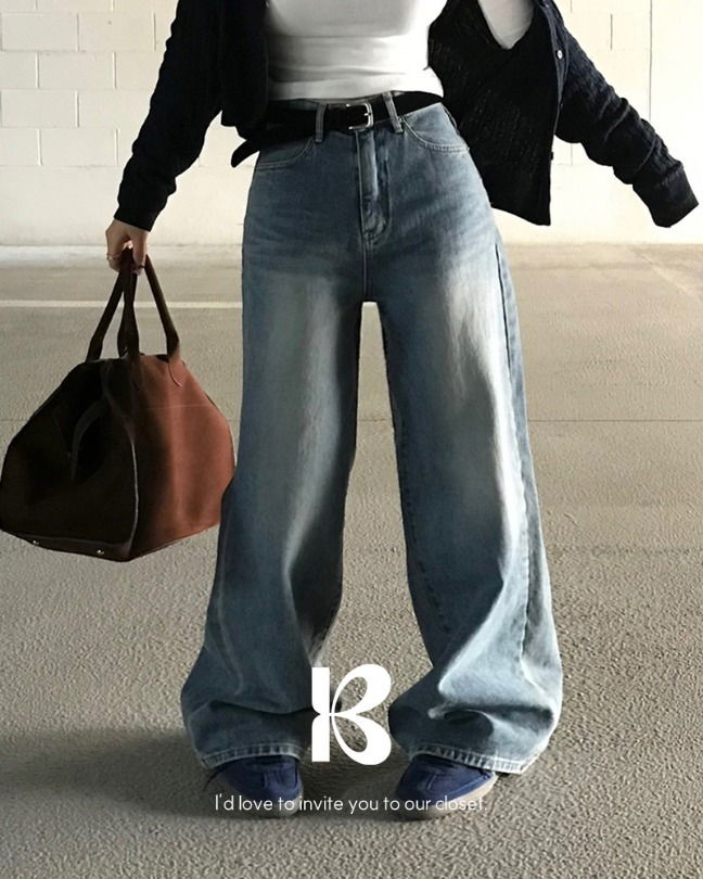 온오프 워싱 와이드 데님팬츠