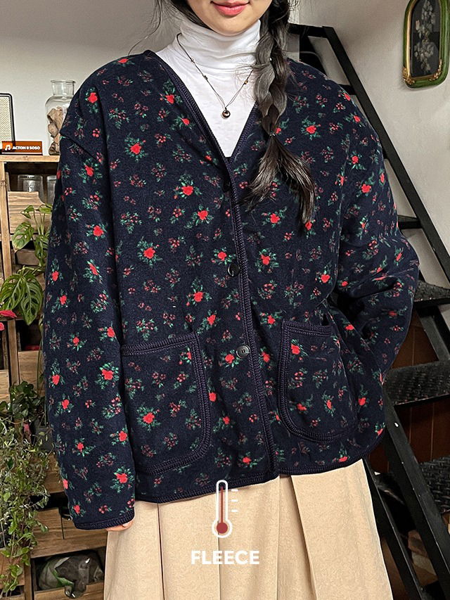빅사이즈 55-99 로나빈 플라워 패턴 오버핏 누빔 후리스 자켓