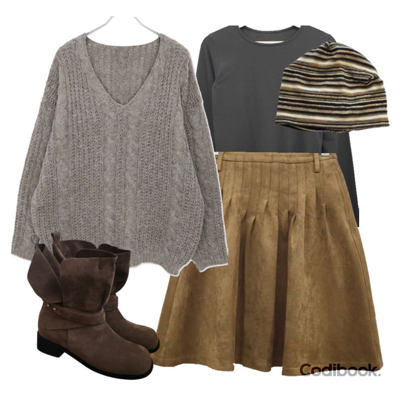 DUGGY 스터드 폴딩 스웨이드 부츠 (2color),wonderwonder 데임 꽈배기 브이넥 루즈핏 긴팔 롱 니트,DUGGY 포티 스트라이프 비니 (2color) *블랙 당일 발송 가능등을 매치한 코디