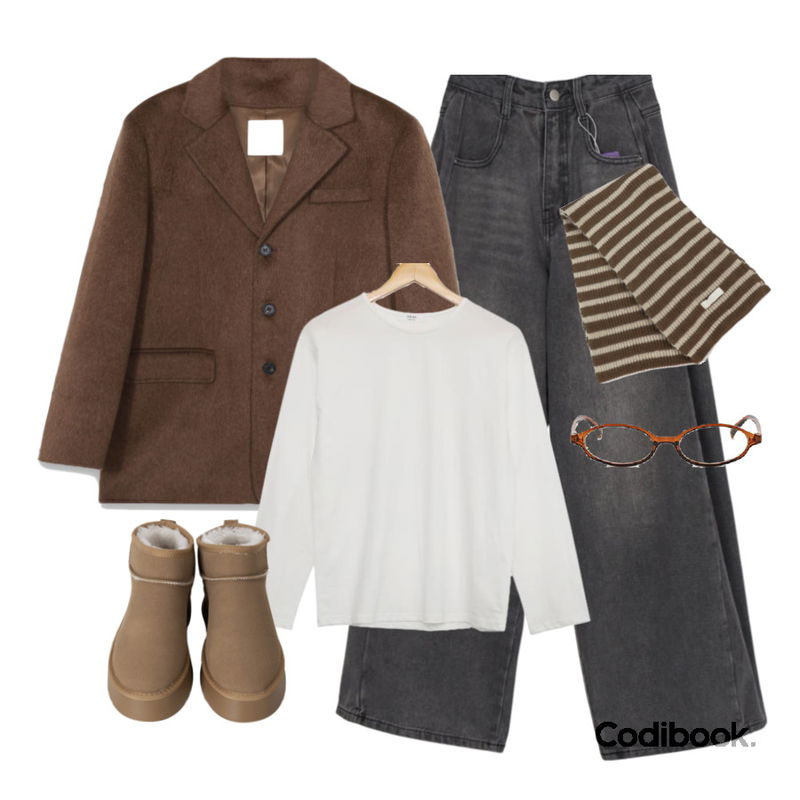 wonderwonder 푸르 너드 긱시크 라운드 뿔테 안경,AWAB 탄탄라운드긴팔티 -6color,wonderwonder 코킨 빈티지 스트라이프 니트 목도리등을 매치한 코디
