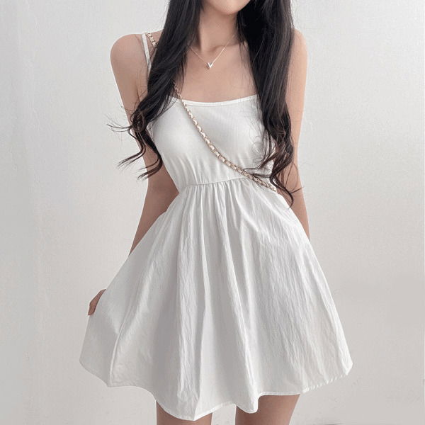 方領抽繩吊帶短款雪紡洋裝