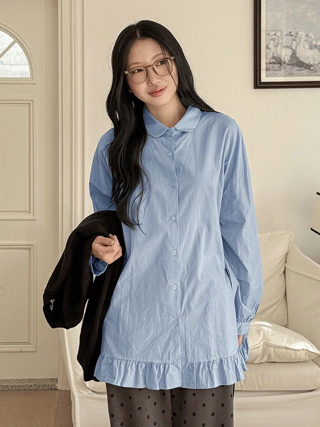 빅사이즈 55-99 큐이빈 코튼 프릴 긴팔 셔츠 남방 하객룩 출근룩