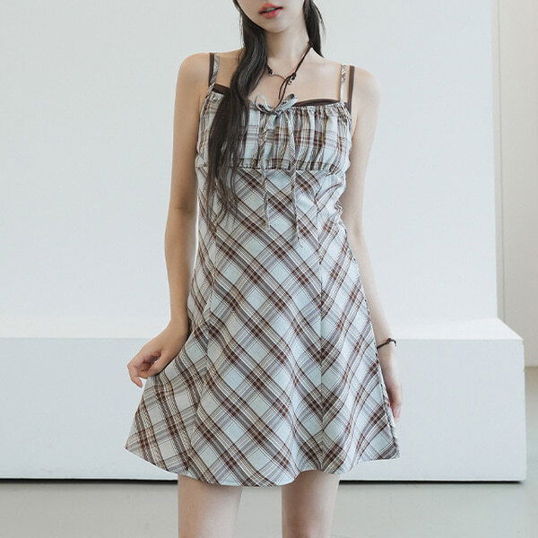 格紋蝴蝶結方領無袖洋裝 (當日出貨)