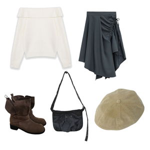 니트,스커트,부츠 코디