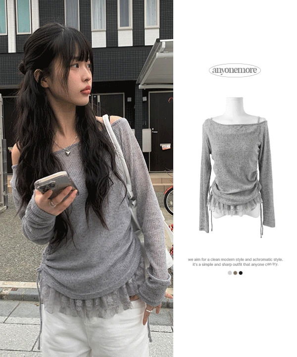 퍼키 오프숄더 레이스 그물 니트 나시 세트 (3color)