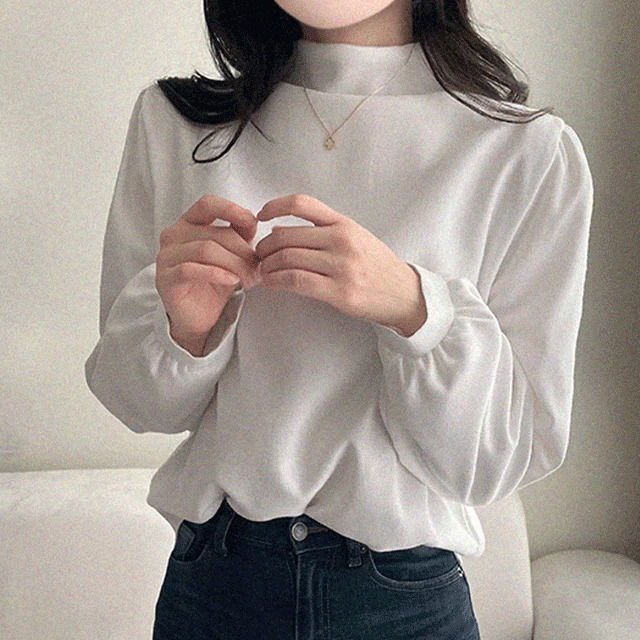 Hepburn shirring half-neck puff long-sleeved blouse (3 colors)